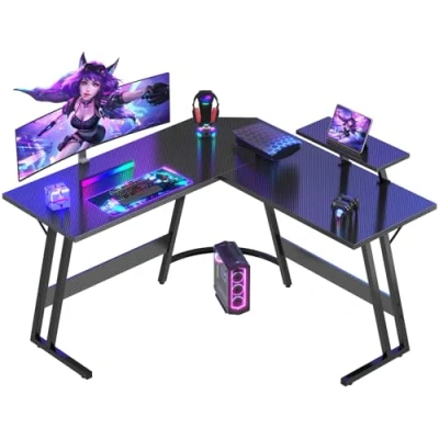 Image of Devoko L Shaped Gaming Desk Corner Desks 120x120x75cm Computer Large PC Writing Table for Home and Office,Carbon Fibre Black
