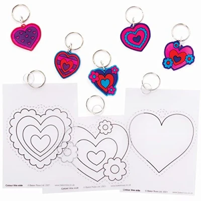 Image of Baker Ross Heart Super Shrink Keyrings Pack of 10, Valentine&#039;s Craft Key Rings for Kids to Colour in (FC478), Assorted