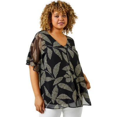 Image of Roman Originals Women Curve Frill Sleeve Pleat Detail Top Ladies Spring Everyday Summer Holiday V Neckline Comfy Soft Shirt Relaxed All Over Blouses Black Size 20