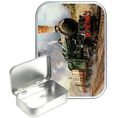 Image of TEEZ Steam train Silver Hinged Tin,Small 30ml tin, Pill Pocket Gift Box, 1oz Tobacco Herb Tin