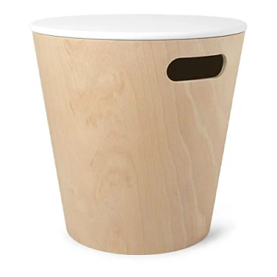 Image of Umbra Woodrow Storage Stool, Wood, White/Natural, 40.41 x 28.3 40.69 cm