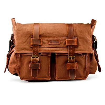 Image of Messenger Bag for Laptop Vintage Canvas Leather Crossbody Satchel Shoulder Computer Travel Office Bag, Coffee, 17 Inch,
