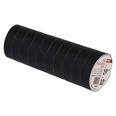 Image of EMOS PVC Insulation Tape, Black, Pack of 10, 19 mm x 10 m, 0.13 Tape Thickness, Self Adhesive, High Tensile Strength and Application Temperature Range, UV Resistant, Waterproof Connection, Without