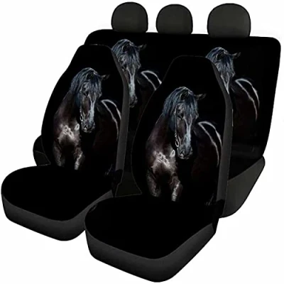 Image of Jeiento Horse Animal Print Auto Seat Cover for Men Women, Pack of 4 Front Rear Durable Comfortable Decorative Set, Car Protectors Accessiores, Easy Install, Black