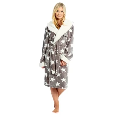 Image of Personalised Womens Ladies Dressing Gown Star Printed Fleece Soft Hooded Robe (Grey, 12 14)