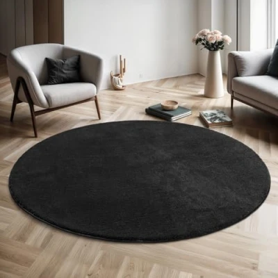 Image of the carpet Relax Rug, Modern, Fluffy, Short Pile, Non Slip Underside, Washable up to 30C, Super Soft, Fur Look, Black, 160 cm, Round