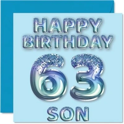 Image of 63rd Birthday Card for Son Blue Glitter Party Balloons Happy Cards 63 Year Old from Mum Dad Parents, 145mm x Bday Greeting Gift