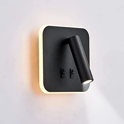 Image of uksunvi LED Wall Mounted Lamp,Bedside Reading Light,12W Lamp, Adjustable Spotlight （3W +9W 3000K Warm Light） (Black Square)