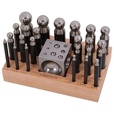 Image of 25PC Steel DAPPING Punch &amp; Block Set with Wooden Stand for Craft Metal Shaping