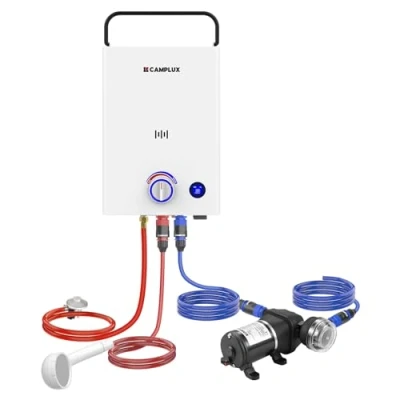 Image of CAMPLUX 10 litres Gas Water Heater with Pump F10 Pro, Portable LPG Shower Handle, Butane/Propane, 28 37mbar, for Outdoor/Campsite/RVs/Remote House, First Series