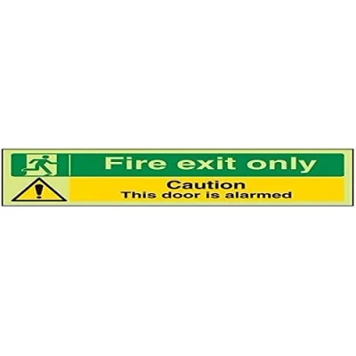 Image of V Safety Glow In The Dark Fire Exit Only/Door Alarmed Sign 300mm x 100mm Self Adhesive Vinyl