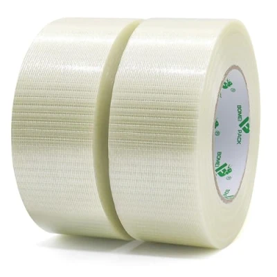 Image of BOMEI PACK 2 Roll Filament Tape Crossweave Reinforced Strong Fiberglass 170mic x 50mm 50m,Bi Directional Strapping for Heavy Duty Moving Bundling Sealing