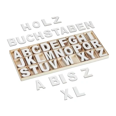 Image of Relaxdays Wooden Letters Set, 208 pcs, Crafts, Uppercase A Z, with Convenient Storage Box, Characters, Decoration, White, Wood, 2 x 41 18 cm