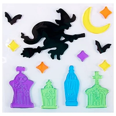Image of Amscan 9912254 Halloween Tombstone and Witch Gel Cling Window Decoration 12 Pieces