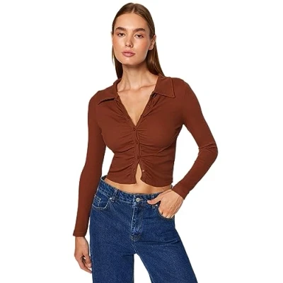 Image of Trendyol FeMan Slim fit Basic Shirt Collar Knit Blouse Brown