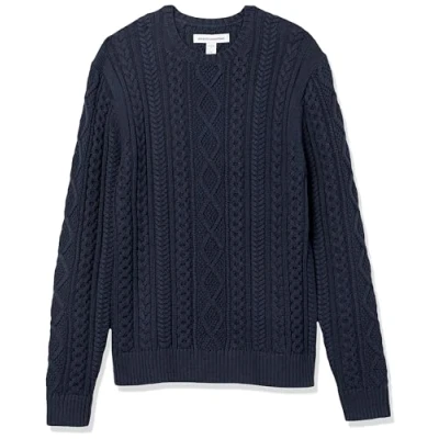 Image of Amazon Essentials Men&#039;s Long Sleeve 100% Cotton Fisherman Cable Crewneck Jumper, Navy, S