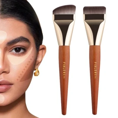 Image of 2 Pcs Flat Foundation Brush for Liquid Makeup,Ultra Thin Premium Makeup Face Blending, Cream, tool &amp; (brown)