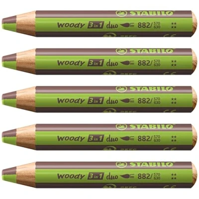 Image of Multi Talented Pencil STABILO woody 3 in 1 duo Pack of 5 Light Green/Brown