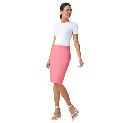 Image of Roman Stretchy Skirt for Women UK Ladies Pencil Jersey Pull On Summer Spring Knee Length Straight Bengaline Denim Elastic Waist Fitted Casual Smart Work Office Split Detail Salmon Size 18
