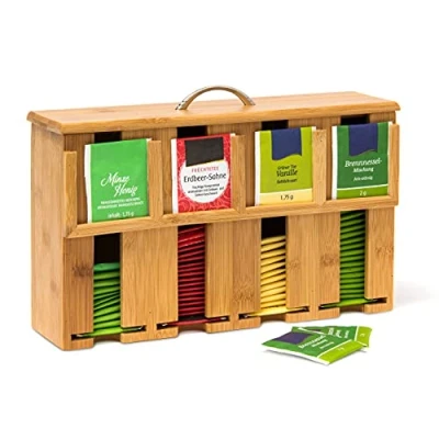Image of Relaxdays Bamboo Dispenser, Standing Tea Box with Lid and Handle, 4 Compartments, Wooden, Brown, 22 x 33 10 cm