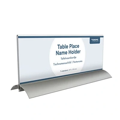 Image of Europel Table Place Name Holder, 105 x 297 mm, Clear Acrylic Construction, Double Sided Sign Display for Conferences, Meetings, Receptions, Free Standing Design with Aluminium Base
