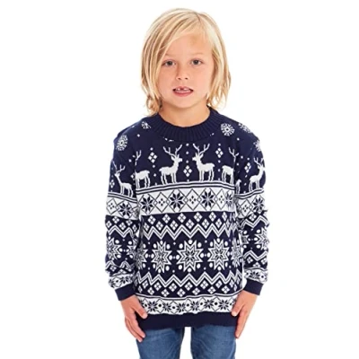 Image of Boys Girls Kids Children Unisex Christmas Xmas Knitted Novelty, Retro, Elf, Football Jumper Sweater (as8, Age, 9_Years, 10_Years, Regular, Navy Nordic Kids, 9 10 Years)