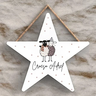 Image of Global Designs Sheep Croeso Adref Welcome Home Welsh Cute Animal Theme Wooden Hanging Plaque