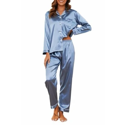 Image of Reliwel Women&#039;s Pyjama Set Silk Satin Long Sleeve Button Down Ladies Pyjamas two Piece Pjs for Women Sets Sleepwear Loungewear Nightwear Fall Winter S XXL Gray Blue