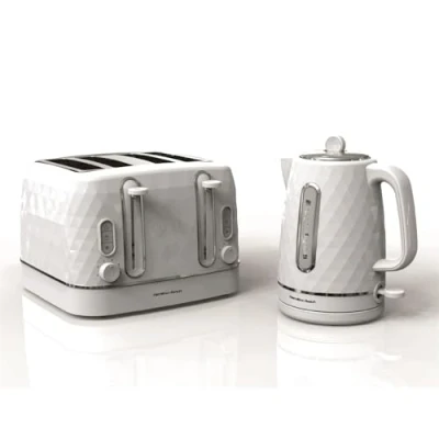 Image of Hamilton Beach Kettle and Toaster Set, Electric Kettle, 1.7L, 4 Slice, Diamond Textured, Boil Dry Protection, Space Saving, 7 Browning Levels, Defrost, Reheat &amp; Cancel, White HB8393221WST