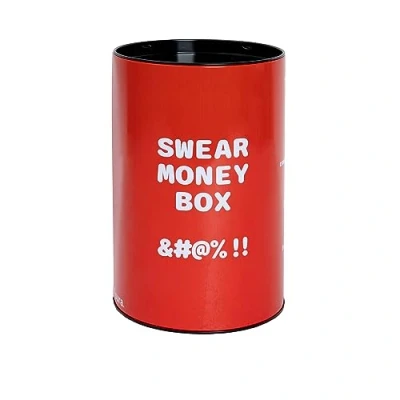 Image of Fisura Original money box. Large steel box for adults. Tin gift. Measures: 13 centimetres x 20 centimetres. (XXL swearwords, red)