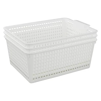 Image of Yarebest Large Plastic Storage Basket Box, Cupboard Baskets, 3 Pack (White)