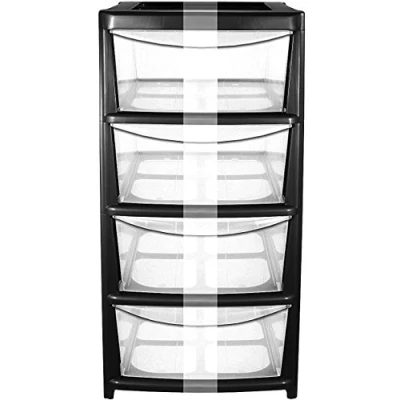 Image of CrazyGadget® Plastic Large Tower Storage Drawers Chest Unit with Wheels MADE IN U.K. (4 Drawers, Black)