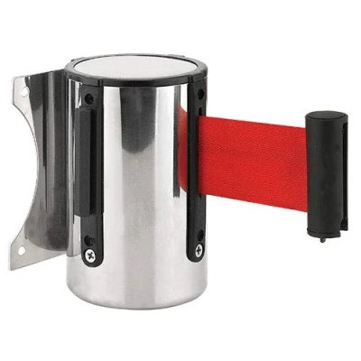 Image of Silver Metal Wall Retractable Barrier Unit With 2m Red Belt
