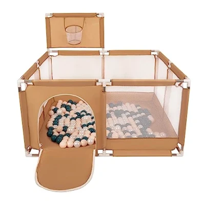 Image of Selonis Square Play Pen Filed with 200 Balls Basketball, Beige:Dark Turquoise/Pastel Beige/Pearl