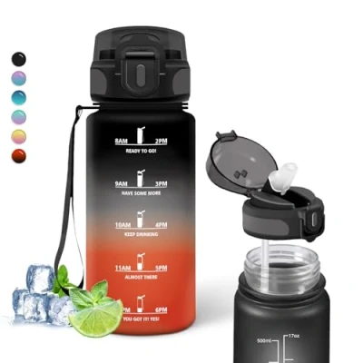 Image of Grsta Drinking Bottle, 500 ml Children&#039;s Bottle with Straw, Can Be Carried, Leak Proof Motivational Slogan, Water for School, Office, Camping, Running, Black Red