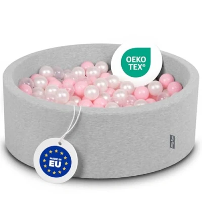 Image of KiddyMoon 90X30cm/300 Balls ∅ 7Cm / 2.75In Baby Foam Ball Pit Made In EU, Light Grey:Light Pink/Pearl/Transparent