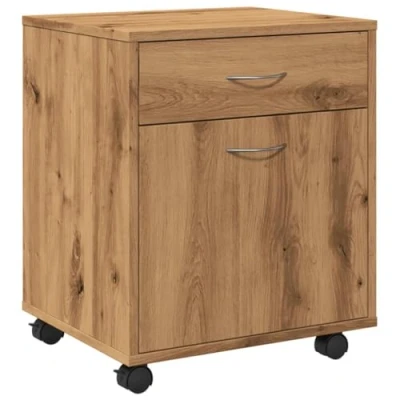 Image of vidaXL Rolling Filing Cabinet Artisan Oak Engineered Wood, Lockable Wheels, Ample Shelves/Doors, 45x38x54cm