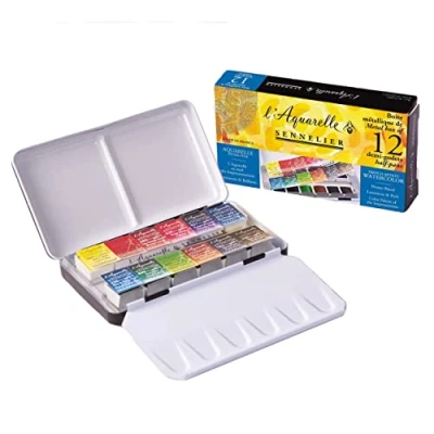 Image of Sennelier L&#039;Aquarelle Professional Watercolor Paint Set (12 Half Pans) with Metal Palette Box High Honey Content for More Luminosity &amp; Brilliance