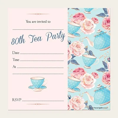 Image of Dotty about Paper Birthday Party Invitations Teapot &amp; Roses Pack of 10 80th. Celebration, Friends, Family, Eighty, Cute, Watercolour, Envelopes Included. (L158)