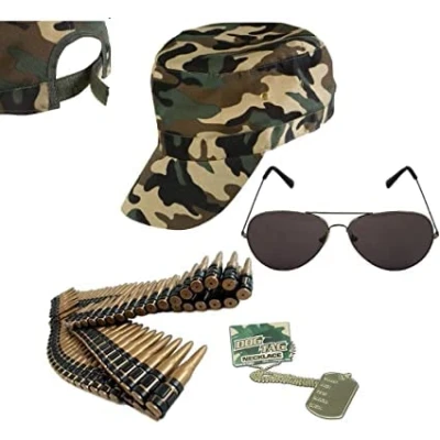 Image of Royal Fashion Adult Unisex Army Camouflage Military Soldier Baseball Cap, Plastic Bullet Belt, Dog Tag &amp; Aviator Glasses Kit Uniform Costume
