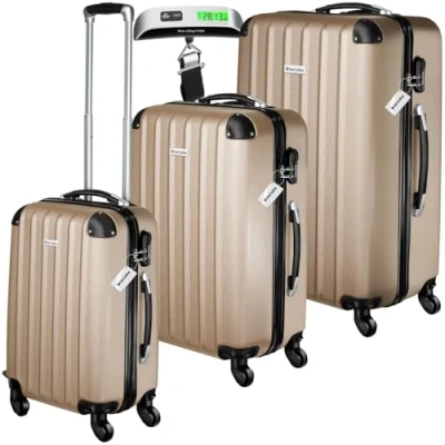 Image of TecTake® 3 Piece Hard Shell Suitcase Set in Durable &amp; Shock Resistant ABS with Step, Telescopic Handles, Combination Locks, Smooth 360 Wheels, Luggage Scale Tags, Dividable Interiors Champagne
