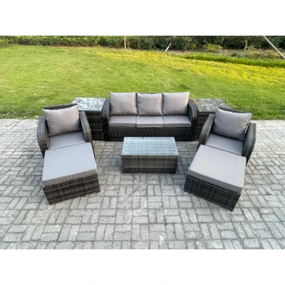 Image of Rattan Garden Furniture Set Patio Outdoor Lounge Sofa with Rectangular Coffee Table 2 Big Footstool 3 Seater Side Tables Dark Grey Mixed