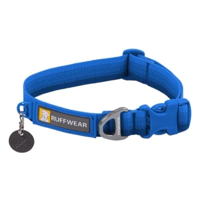 Image of RUFFWEAR Front Range Collar, Large Dog Collar with Aluminium V Ring, Adjustable Length Pet Comfortable Soft Fabric, Animal Lead Attachment 51 66cm, Blue Pool