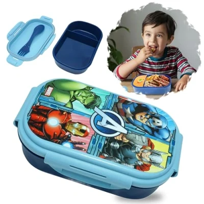 Image of Avengers Lunchbox, 20cm Plastic Sandwich Box for Childrens, Summer Trip, Picnic, BPA Free School Travel Captain America Iron Man Thor (3 in 1 Spoon, Fork, Knife)