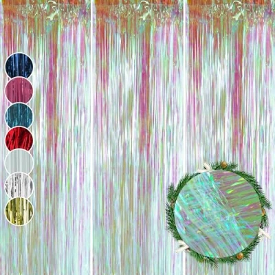 Image of HOVUK 3Pk Iridescent Christmas Lametta 1.2m Xmas Hanging Foil Lametta, Tinsel Fringe Curtains for Christmas, Wedding Birthday Party or Proms