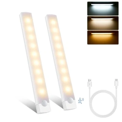 Image of Motion Sensor Lights Indoor, 2 Pack Dimmable Under Cabinet Kitchen Lights, USB C Rechargeable Cupboard LED Night 3 Color Temperature, for Stairs Closet Wardrobe Wall