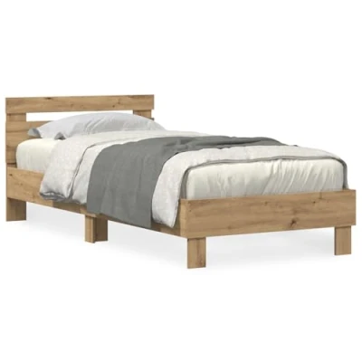 Image of vidaXL Bed Frame Oak Wooden Bed, Lacquered Finish, 90x200 cm, Indoor Bedroom Furniture, Modern Design, Solid Wood