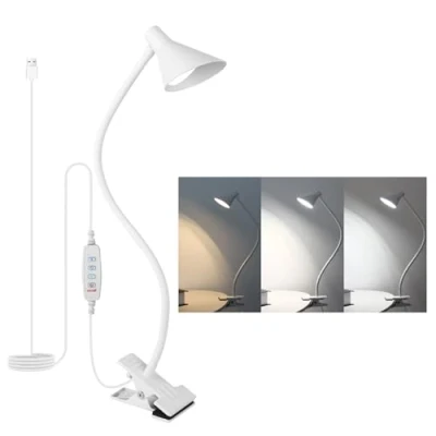 Image of Qooltek LED Clip Lights, Reading Light 3 Color Modes 10 Brightness, Clamp Lamp for Desk Bedside Table, 5W USB Powered with Flexible Arm, White