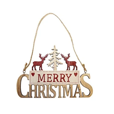 Image of Merry Christmas Wooden Hanging Sign with Reindeer and Tree Red