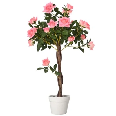 Image of Outsunny 90cm/3FT Artificial Rose Tree, Fake Decorative Plant with Pot, Indoor Outdoor Faux Decoration Home Office Décor, Pink